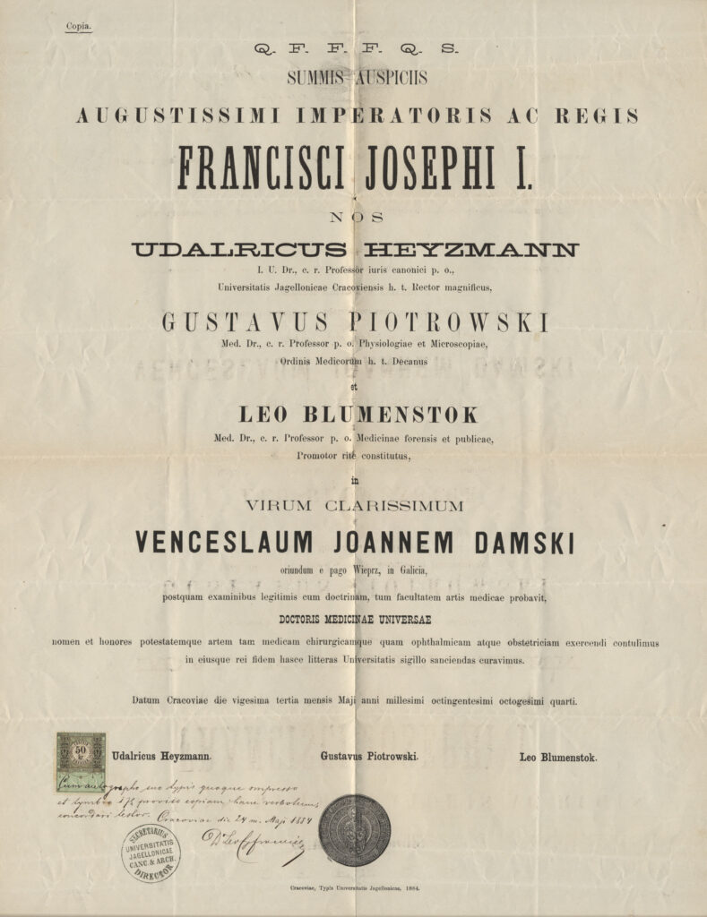 Dyplom lekarski Wacława Damskiego 24 maja 1884 r.