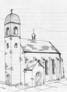 Kościół św. Wojciecha w Jaworznie XVI-XVIII w. (Rekonstrukcja) /Autor rysunków: Michał Sarna, Zbiory Muzeum Miasta Jaworzna/