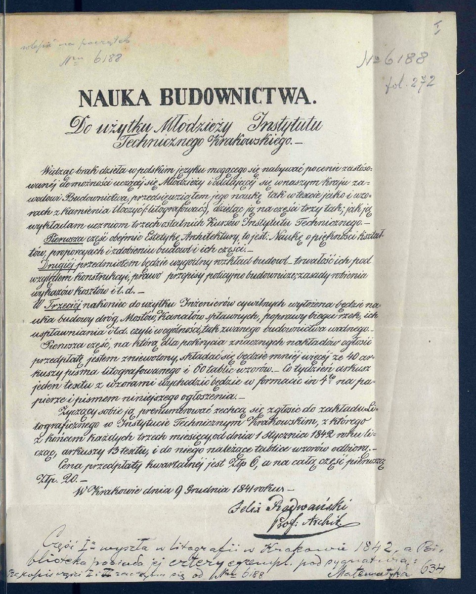 Rękopis pierwszej strony podręcznika Feliksa Radwańskiego z jego podpisem pt. Nauka budownictwa do użytku młodzieży Instytutu Technicznego Krakowskiego, Cz. 2 / Zbiory Biblioteki Cyfrowej Uniwersytetu Jagiellońskiego w Krakowie /domena publiczna)