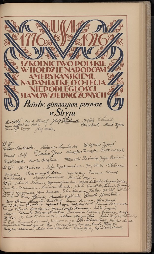 Szkolnictwo Polskie w hołdzie narodowi amerykańskiemu na pamiątkę 150-lecia Niepodległości Stanów Zjednoczonych / Zbiory: Nieskończenie Niepodległa - Ludzie Polska, 1926 r. Portret zbiorowy II RP, Platforma Fundacji Ośrodek Karta, Szkoły średnie, t. II, s. 351