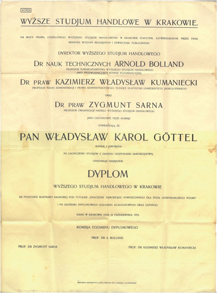 Dyplom Władysława Getla ukończenia Wyższego Studium Handlowego w Krakowie 22 października 1935 r Zbiory prywatne Małgorzaty Kopacz