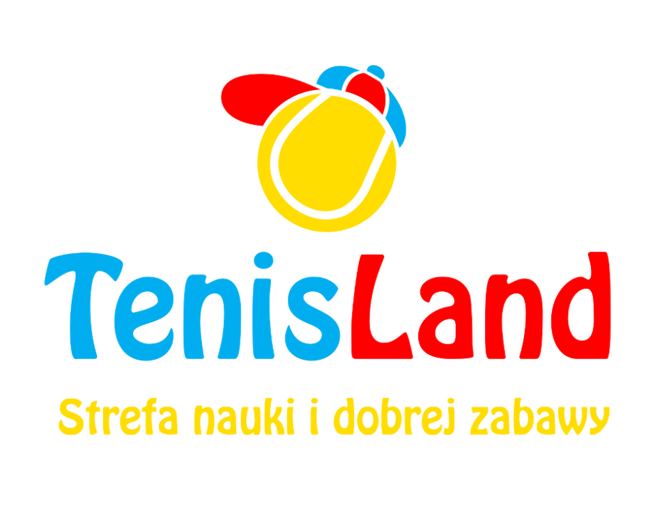 Logo: żółta piłeczka tenisowa w czerwono-niebieskiej czapce z daszkiem. Poniżej napis w kolorach logo: TenisLand. Strefa nauki i dobrej zabawy.
