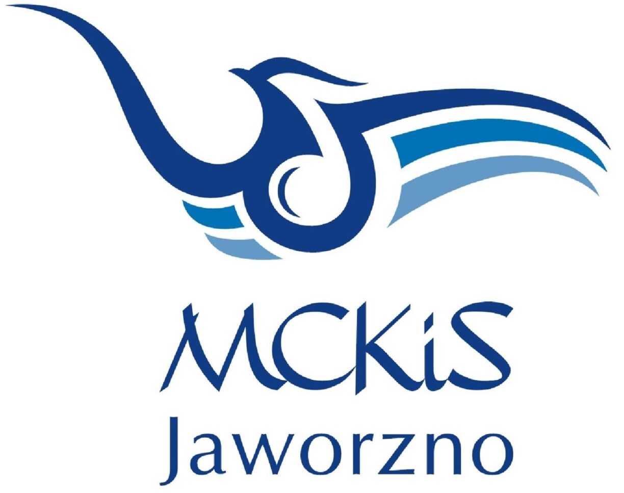 Logo: ciemnoniebieski ptak z dziobem skierowanym w górę, głowa i brzuch stylizowane na nutę, skrzydła z trzech pasków cieniowane od granatu do jasnego niebieskiego, pod spodem napis: MCKiS Jaworzno
