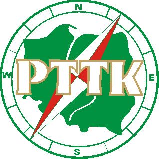 Logo, zielony kompas z biało-czerwonymi strzałką wskazującą północny wschód, w kompas wpisany jest zielony zarys Polski, z wyraźnie widoczną białą nitką Wisły, na strzałce i zarysie Polski znajduje się biały napis z ciemnobeżową obwódką, PTTK