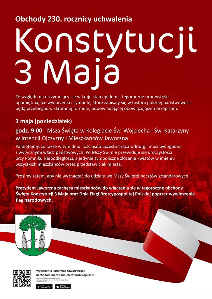 Tło: czerwone, w dolnej części flaga biało-czerwona. Tekst: Obchody 230. Rocznicy Konstytucji 3-Maja. Informacja o zaplanowanej Mszy Świętej w Kolegiacie o godz. 9.00, prośba o wywieszenie flag i nie wystawianie pocztów sztandarowych. Logo miasta.