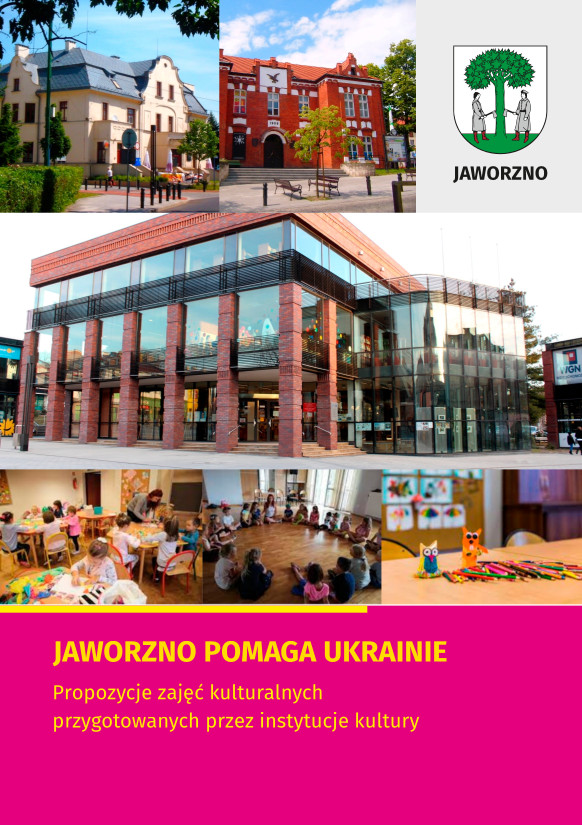 W centrum plakatu znajduje się zdjęcie budynku Biblioteki Głównej Miejskiej Biblioteki Publicznej w Jaworznie. Zarówno nad tą fotografią, jak i pod nią umieszczono po trzy mniejsze grafiki. U góry: 1. Budynek Muzeum Miasta Jaworzna, 2. Budynek ozdobiony wizerunkiem sokoła, który jest siedzibą Teatru Sztuk - Atelier Kultury. 3. Herb Jaworzna, czyli tarcza z białym tłem, na której widnieje dwóch drwali ścinających jawor. Natomiast zdjęcia poniżej to ujęcia przedstawiające: dzieci siedzące przy stoliczkach i wykonujące prace plastyczne, dzieci siedzące w kole, z nauczycielką pośrodku oraz wyniki pracy warsztatowej najmłodszych, czyli dwie różnokolorowe sówki stojące na stole w towarzystwie rozrzuconych kredek. Pod grafikami, na intensywnie różowym polu, znajduje się tekst: Jaworzno Pomaga Ukrainie. Propozycje zajęć kulturalnych przygotowanych przez instytucje kultury.