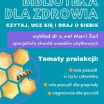 Tło: niebieskie. W prawej, dolnej części plakatu widzimy rysunek przedstawiający pszczołę umieszczoną na żółtych plastrach miodu. Tekst: Miejska Biblioteka Publiczna w Jaworznie i Śląski Związek Pszczelarzy Biblioteka dla zdrowia czytaj, ucz się i dbaj o siebie wykład dr n.wet Marii Zoń specjalistą chorób owadów użytkowych Tematy prelekcji: rola pszczół w życiu człowieka, rola pszczół dla przyrody, zagrożenia dla pszczół 14 grudnia 2024 godz. 10.00. Logotypy MBP w Jaworznie oraz miasta Jaworzna.