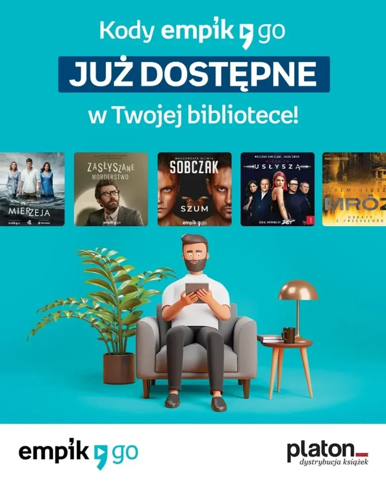 Tło: niebieskie. Grafika: ciemnowłosy mężczyzna siedzi w szarym fotelu, a w dłoniach trzyma tablet. Poniżej znajduje się szereg kolorowych kafelków, ukazujących okładki popularnych audiobooków. Tekst: Kody Empik go już dostępne w Twojej bibliotece! Logo: Empik go, Empik i Platon dystrybucja książek.