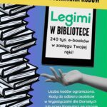 Tło: fioletowo-zielone. Grafika: z lewej strony książki ułożone w stos. W centralnej części czytnik e-booków. Poniżej wyciągnięta kobieca dłoń. Tekst: Miejska Biblioteka Publiczna w Jaworznie. Legimi w Bibliotece. 240 tys. e-booków w zasięgu Twojej ręki. Liczba kodów ograniczona. Kody do Logotypy: Miejska Biblioteka Publiczna w Jaworznie, Miasto Jaworzno.
